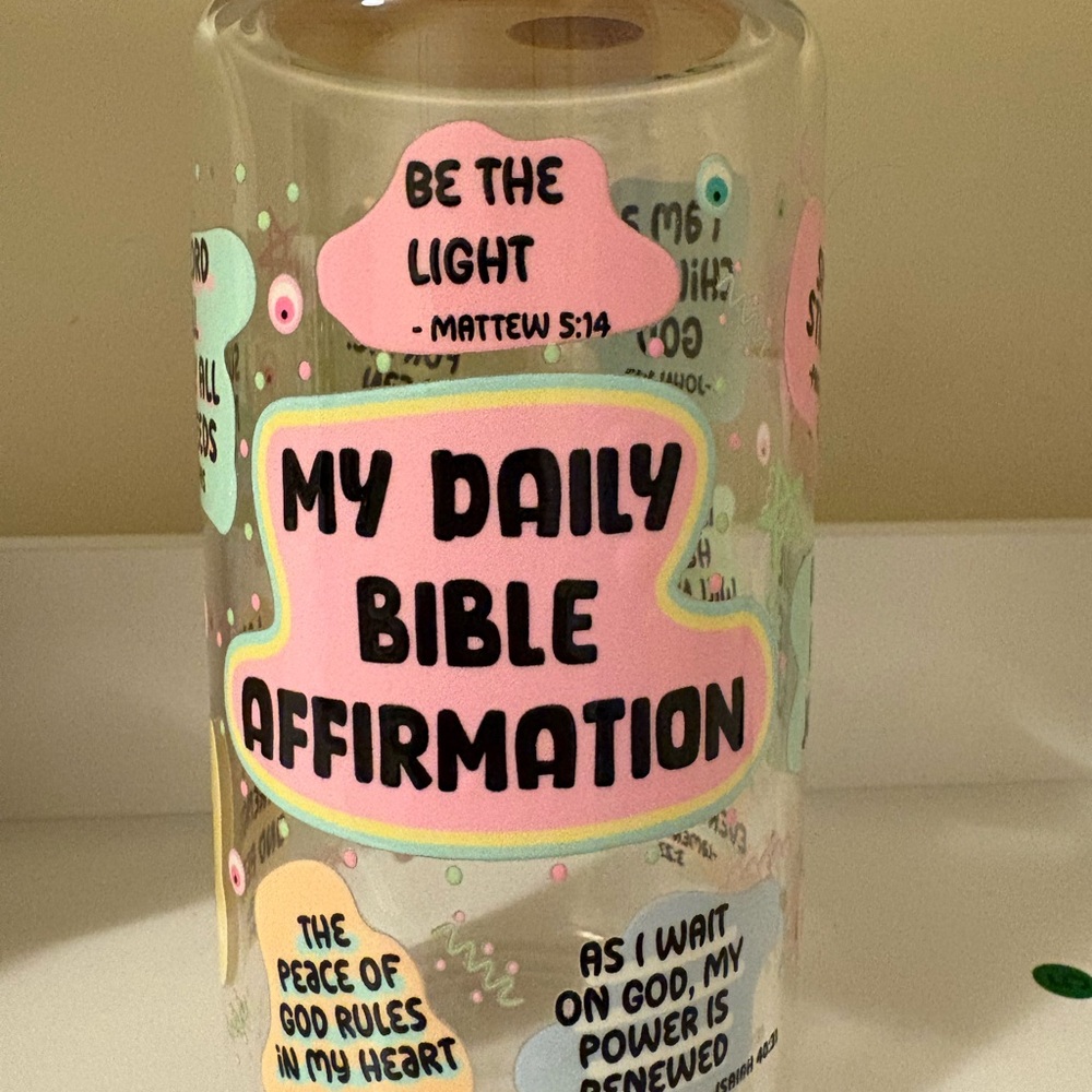 My Daily Bible Affirmation Glass Water Bottle - Pink & Mint Graphic